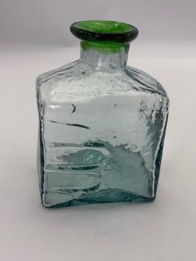 Handblown Green-Trim Square Glass Bottle with “Handprint”
